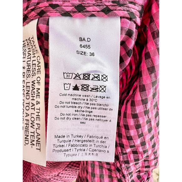 $400 Ganni Shirred Gingham Seersucker V-Neck Midi Dress Pink/Black Sz 36 / US 10 - Picture 9 of 10